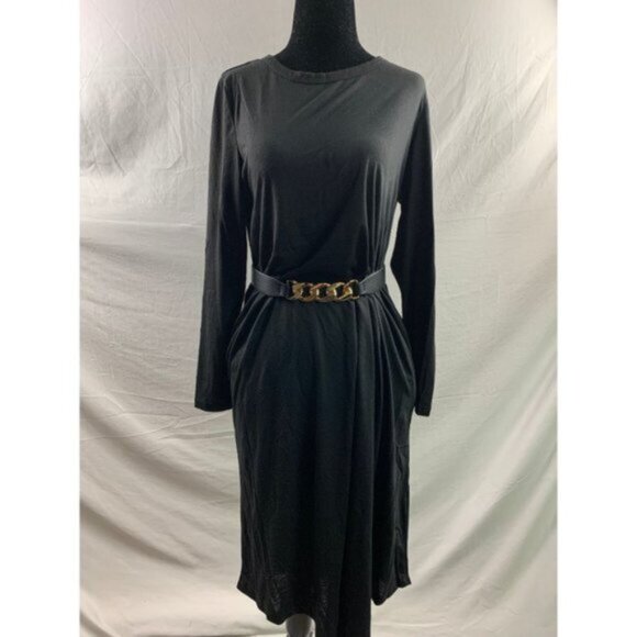 Black Tee Knit Curved Hem Dress With Pockets - Picture 6 of 6